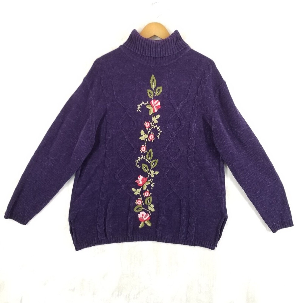 Vtg Sweater Women L Purple Embroidered Chenille Cable Oversize Soft Cottage Y2K